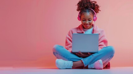A young, smiling woman with headphones uses a laptop while sitting on the floor, expressing digital engagement