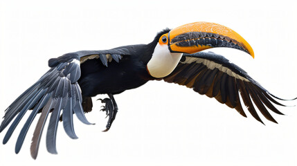 A toucan is flying with its large, colorful beak open and its black wings spread wide.
