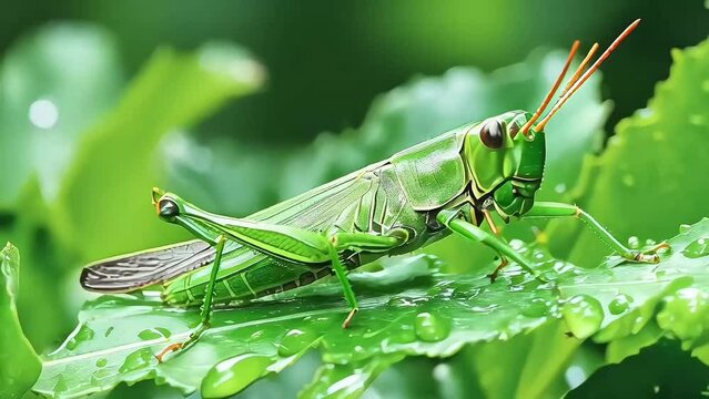 A grasshopper on leaf wet after rain