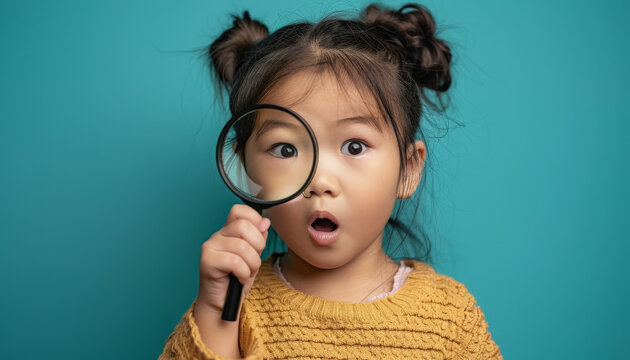 Portrait of surprised cute little asian girl looking through a magnifying glass. Education concept
