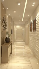 A hallway with a white wall and a white floor