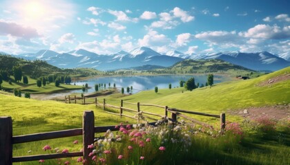 A stunning spring day landscaping views of fertile land surrounded beautiful green vegetation, wide stretches of hills and mountains with clear skies in spring