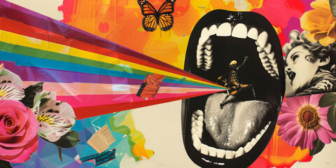 Vibrant Surreal Collage with Mouth, Rainbow, and Butterfly Elements