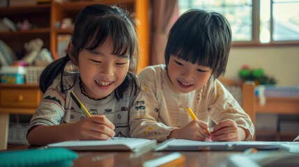 Two happy siblings studying together at home