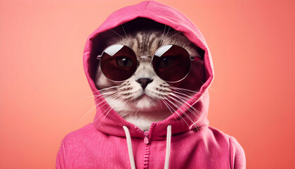 Cool cat wearing hoodie with sunglasses on pink color background