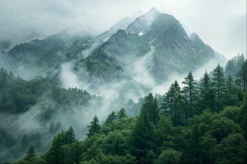 Misty mountain ranges with lush greenery