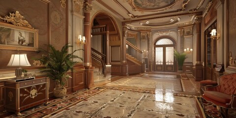 Obraz premium A large room with a staircase and a red chair