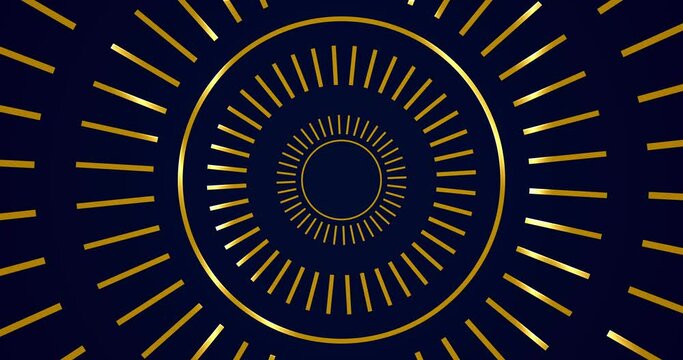 Historical gold circular ornamental design moving stock video in 4K. Round elegant luxury premium class rings bg. Precious shiny jewelry design twinkle sparks on rims ethereal smooth creative overlay.