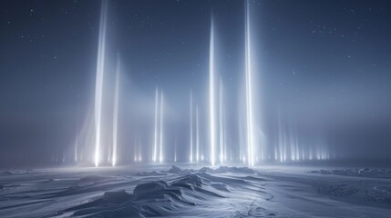 In the midst of the frozen landscape light pillars reach up towards the heavens like frozen fire.