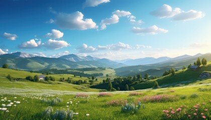 A stunning spring day landscaping views of fertile land surrounded beautiful green vegetation, wide stretches of hills and mountains with clear skies in spring
