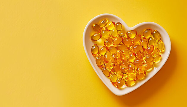 Omega 3 capsules in a heart-shaped plate on yellow background. Fish oil soft gels. Supplement food vitamin D capsules