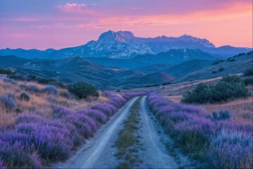 Lavender fields leading to majestic mountain