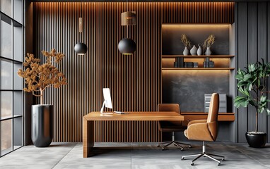 Modern minimalist office interior with wooden wall panels and leather chairs.