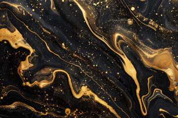 Black and gold marble background, with swirls of dark grey and metallic textures. Created with Ai