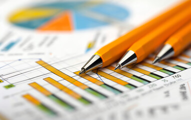 Three pens lie on a graph, showcasing data analysis and planning.
