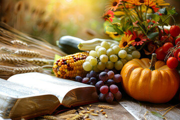 Abundant crops, praying Christian, Bible, and Thanksgiving decoration