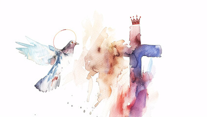 watercolor painting crown on top of cross and dove