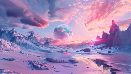 Surreal landscape with pink sky and a giant orb.