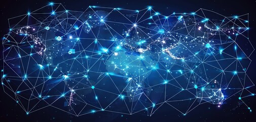 Fototapeta premium Abstract world map made of connected lines and dots with glowing nodes.