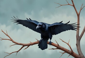 Naklejka premium Digital painting an overhead shot of a raven perch