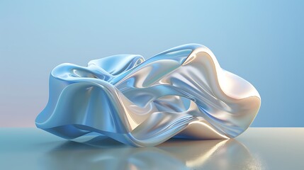 3D rendering of a blue and silver abstract shape. The shape is made of smooth, curved surfaces and has a reflective sheen.