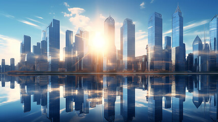 futuristic financial district modern skyscrapers in smart city with reflections. Generative AI