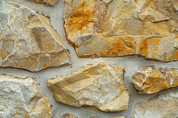 A close up of a wall made out of yellow and brown rocks. Created with Ai