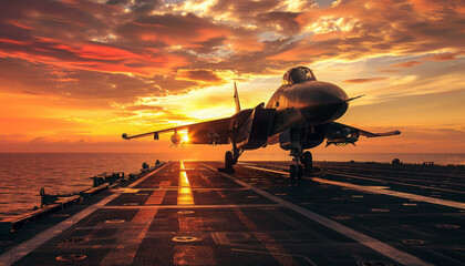 Jet fighter on an aircraft carrier at sunset