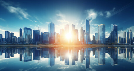 Fototapeta premium futuristic financial district modern skyscrapers in smart city with reflections. Generative AI