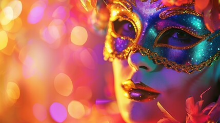 Capture the beauty of a woman wearing a Venetian carnival mask against a vibrant, colorful background, with room for event details or promotional text. 