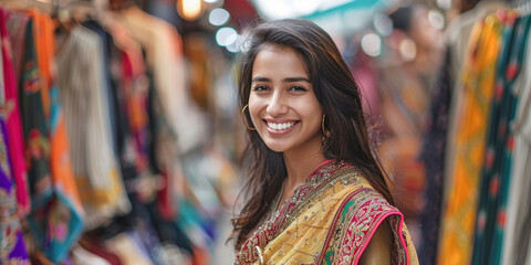 Obraz premium Business owner seller female representing cultural heritage street bazaar and festive spirit. Handcrafted clothes on background. Smiling woman in sari in traditional Indian attire at a vibrant market