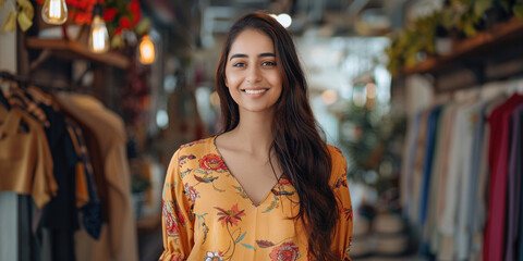 Smiling woman seller business owner in a floral dress standing in a boutique, representing fashion, style, and confidence, with colorful clothes and stylish decor in the background