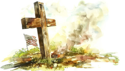 A watercolor painting depicting a wooden cross and an American flag on a memorial site, with smoky background symbolizing remembrance.