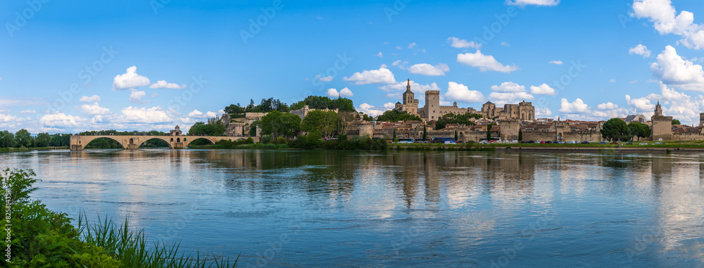 Wall mural panorama of avignon with the saint benezet bridge over the rhone river, in vaucluse, in provence, fr