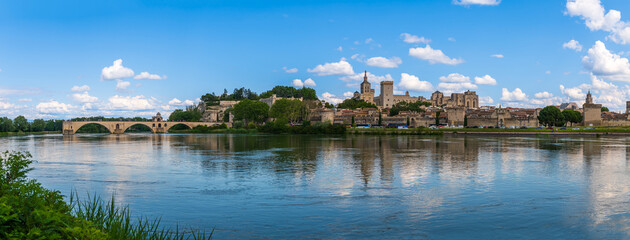 Panorama of Avignon with the Saint Benezet bridge over the Rhone river, in Vaucluse, in Provence,...