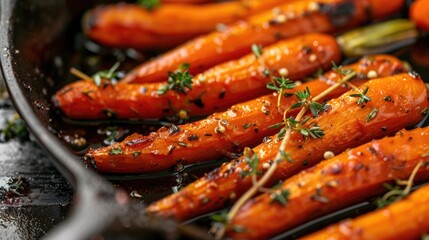 Baby carrots roasted with thyme in a cast iron pan
