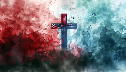 Patriotic abstract cross with U.S. flag colors, symbolizing faith, patriotism, and national pride. Red and blue watercolor background.