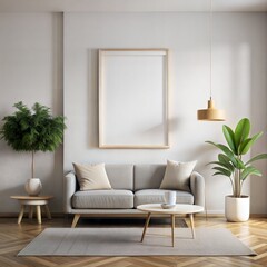 Frame mockup, ISO A paper size. Living room wall white poster mockup. interior mockup with house background. Modern interior design. 3D render