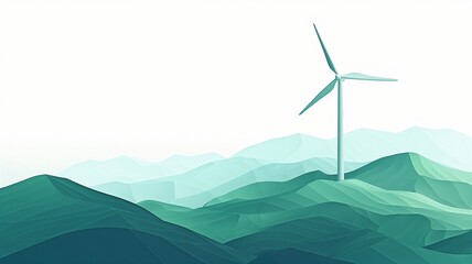 A stylized illustration of a green mountainous landscape featuring wind turbines, symbolizing renewable energy and environmental sustainability.