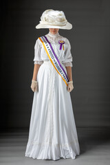 American Victorian or Edwardian Suffragette with historically accurate purple and gold sash and and...