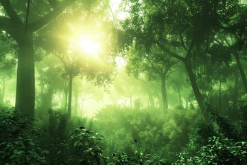 Obraz premium Sunlight filtering through the dense canopy of a lush, green forest, creating a magical atmosphere.