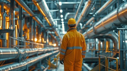 Fototapeta premium Engineer examining an oil pipeline, expert, refinery area, safety gear, thorough examination, technical know-how, oil sector