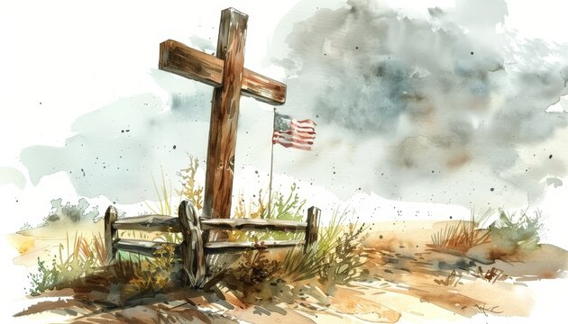 Watercolor painting of a rustic wooden cross and an American flag in a serene field, capturing a blend of faith, patriotism, and nature.