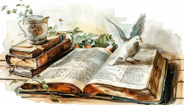 Watercolor painting of an open book, a dove, and vintage objects on a wooden table, creating a peaceful and nostalgic atmosphere.
