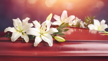 close up of white lily, lily of the valley on wooden background, bouquet of tulips on a white, bouquet of white flowers, bouquet of lilies of the valley, coffin is decorated with branch of white lilie