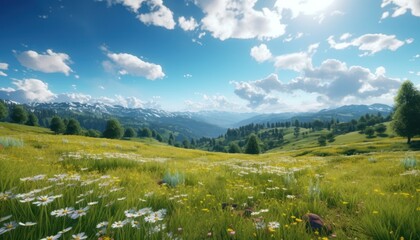 A stunning spring day landscaping views of fertile land surrounded beautiful green vegetation, wide stretches of hills and mountains with clear skies in spring