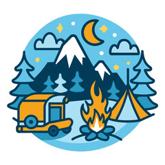 Obraz premium Camping at Night with a Campervan, Fire, and Tent