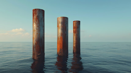 Vertical rectangular column made of metal floating in the ocean