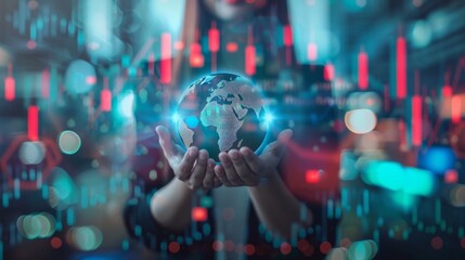 Fototapeta premium A businesswoman presents a glowing digital globe, depicting concepts of global connectivity and international commerce