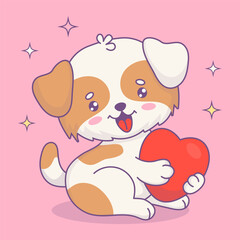 Cute happy puppy with heart. Funny cartoon kawaii character animal. Vector illustration 